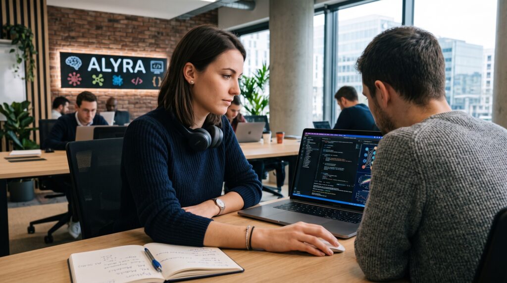 Deux personnes collaborent sur un projet de programmation dans l'espace de coworking de l'école de code.