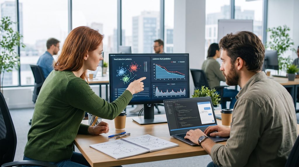 Deux professionnels collaborent sur un projet d'analyse de données et de prédiction pour développer leurs compétences en IA dans un bureau moderne.