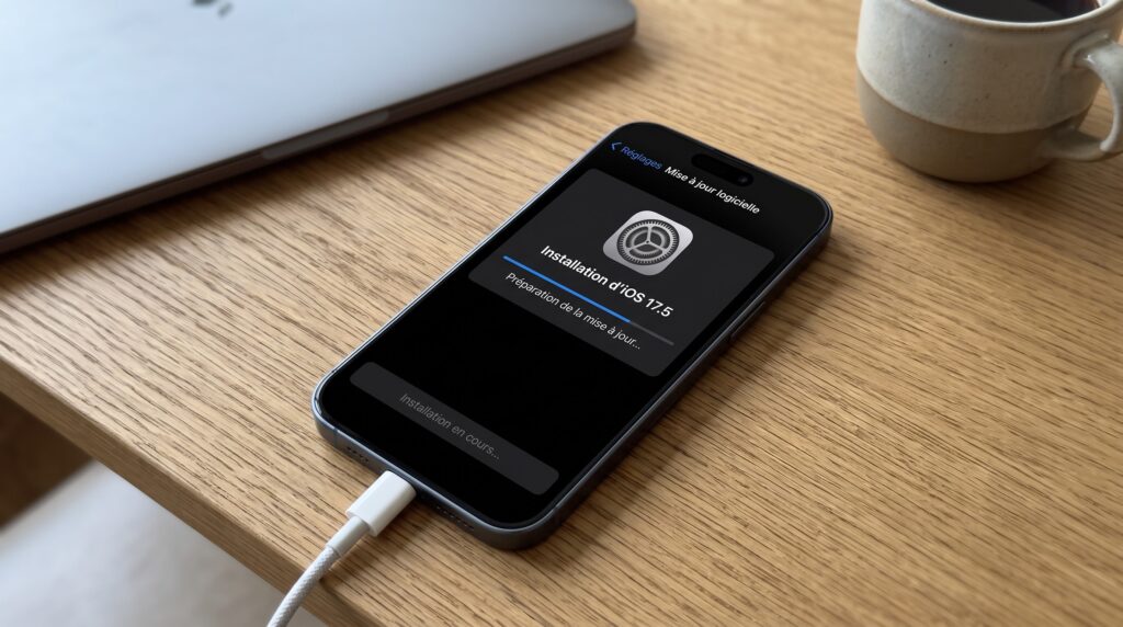 Un iPhone 15 reconditionné en pleine mise à jour majeure iOS.